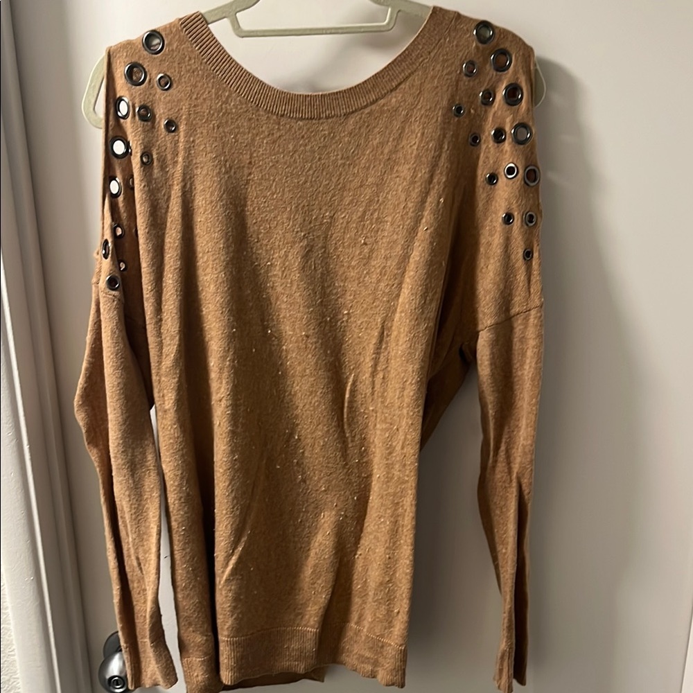 INC International Concepts Brown Crew Neck Sweater with Decorative Sleeves